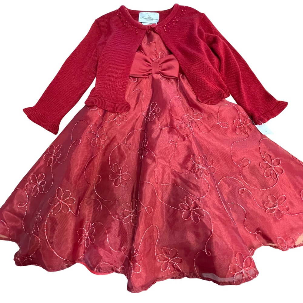 Rare Editions Girls Red Sparkle Flower Dress with Cardigan Set Size 3T